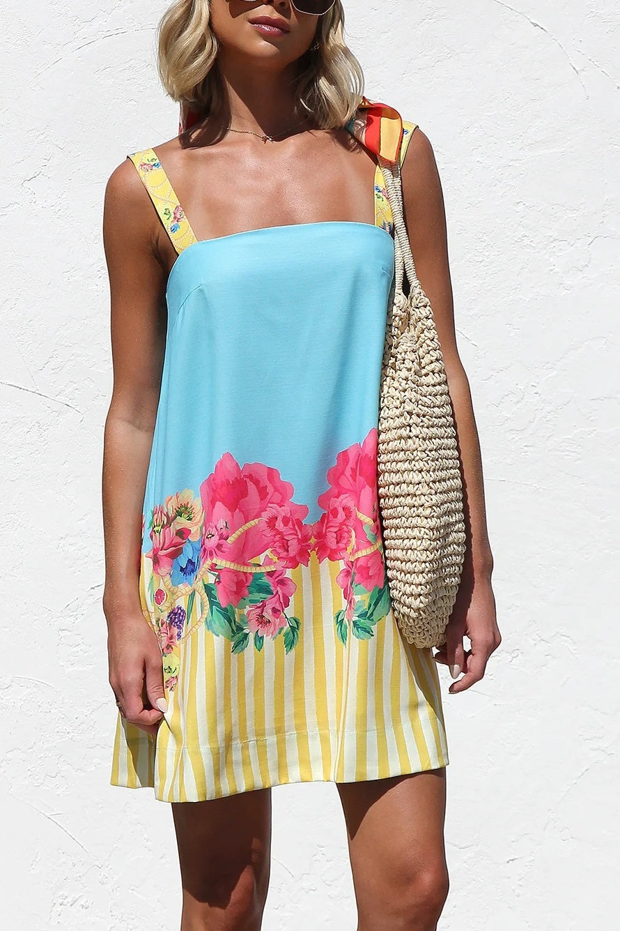 Floral Border Stripe Square Neck Mini Dress - Blue