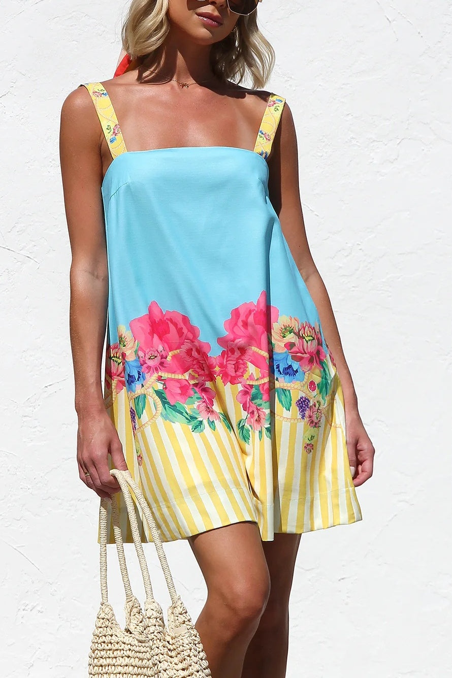 Floral Border Stripe Square Neck Mini Dress - Blue - 1