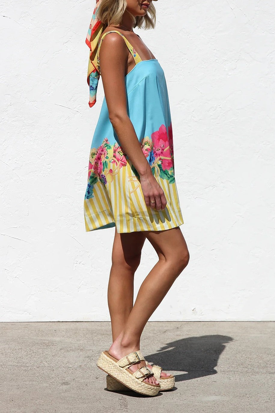 Floral Border Stripe Square Neck Mini Dress - Blue - 2