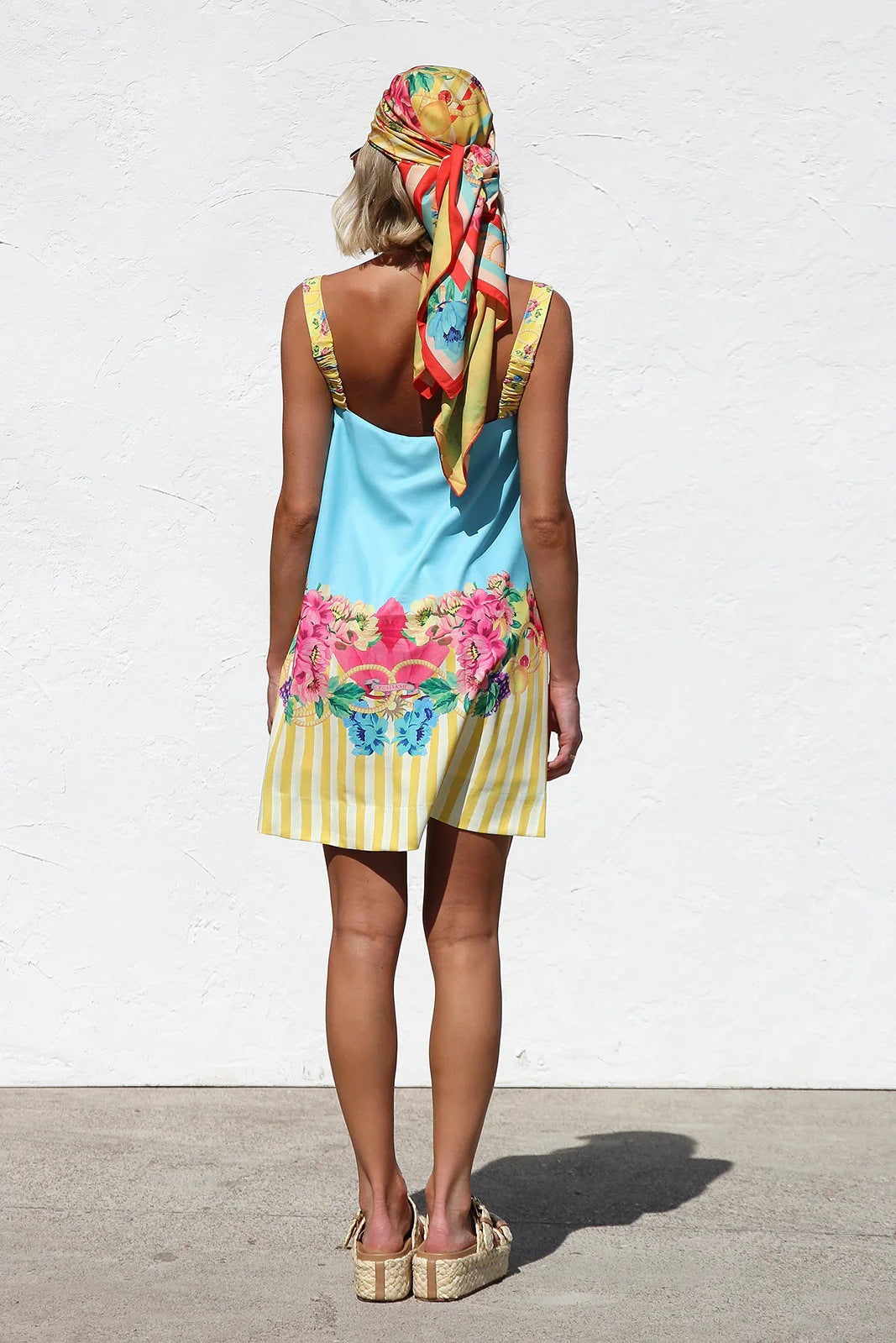 Floral Border Stripe Square Neck Mini Dress - Blue - 3
