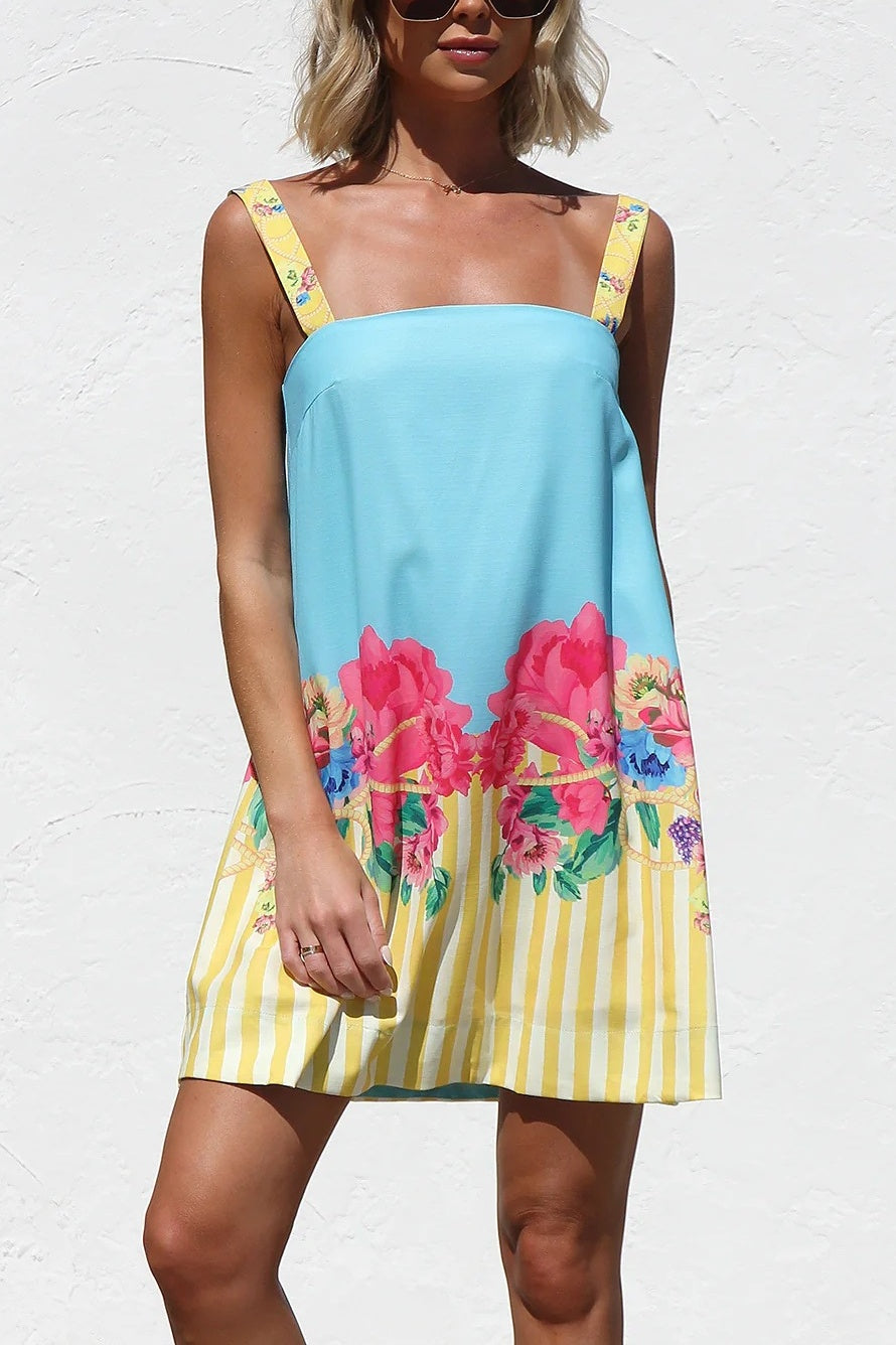 Floral Border Stripe Square Neck Mini Dress - Blue - 5