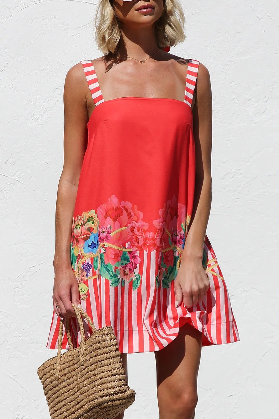 Floral Border Stripe Square Neck Mini Dress - Red