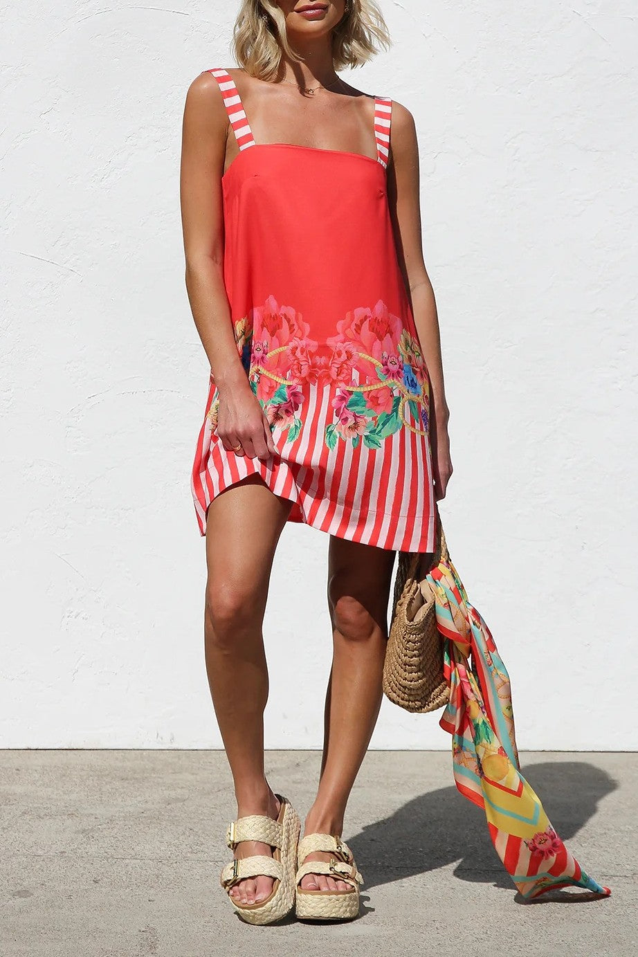 Floral Border Stripe Square Neck Mini Dress - Red - 1