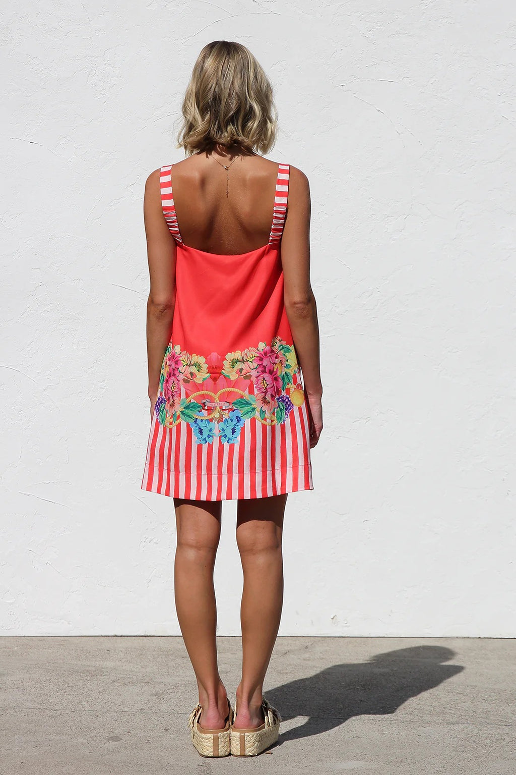 Floral Border Stripe Square Neck Mini Dress - Red - 6