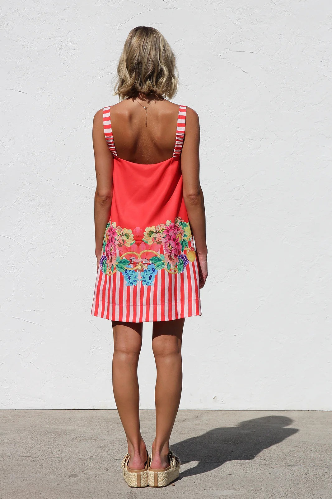 Floral Border Stripe Square Neck Mini Dress - Red - 6
