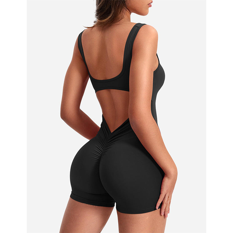 Backless Ruched Sleeveless Activewear Jumpsuit - Black