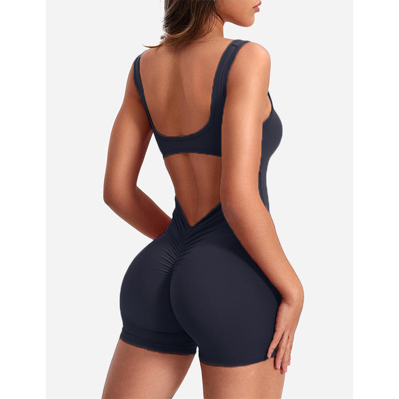 Backless Ruched Sleeveless Activewear Jumpsuit - Blue