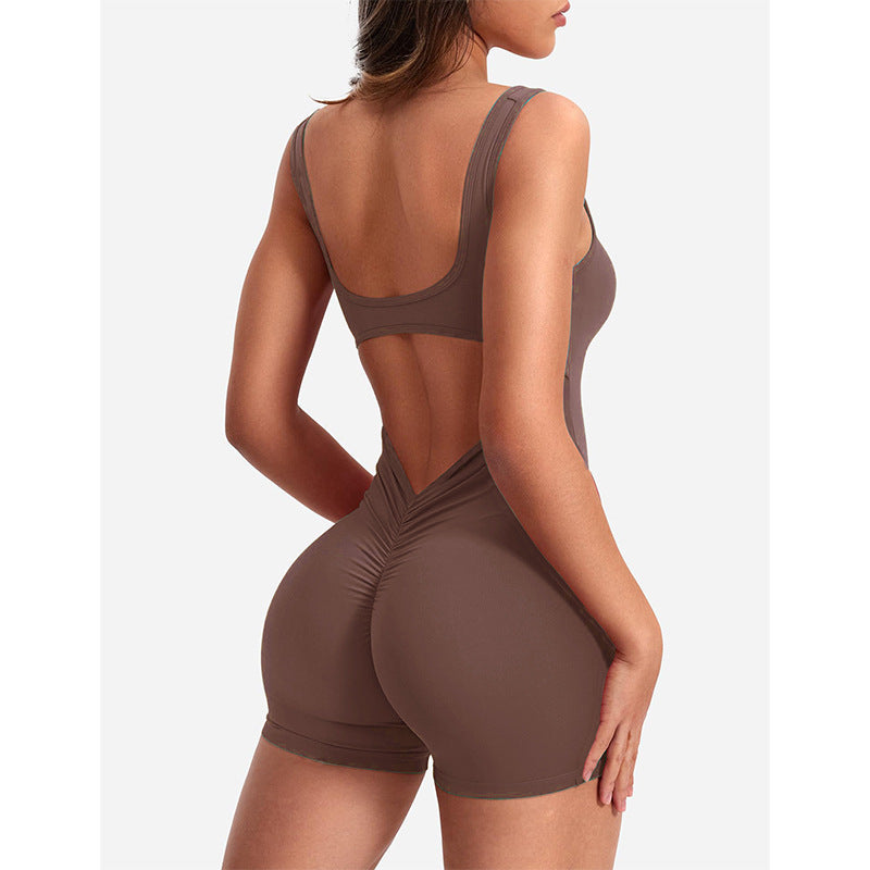 Backless Ruched Sleeveless Activewear Jumpsuit - Brown