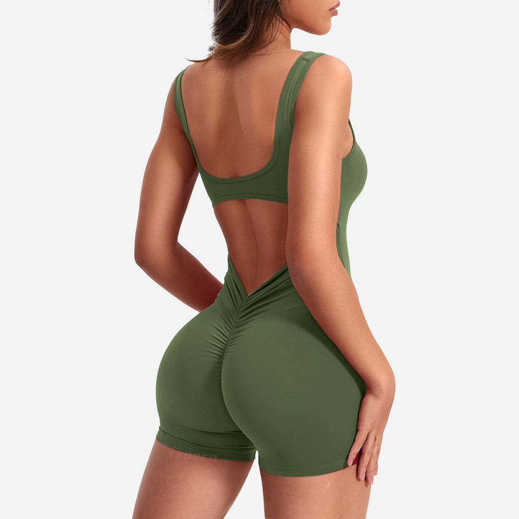 Backless Ruched Sleeveless Activewear Jumpsuit - Green