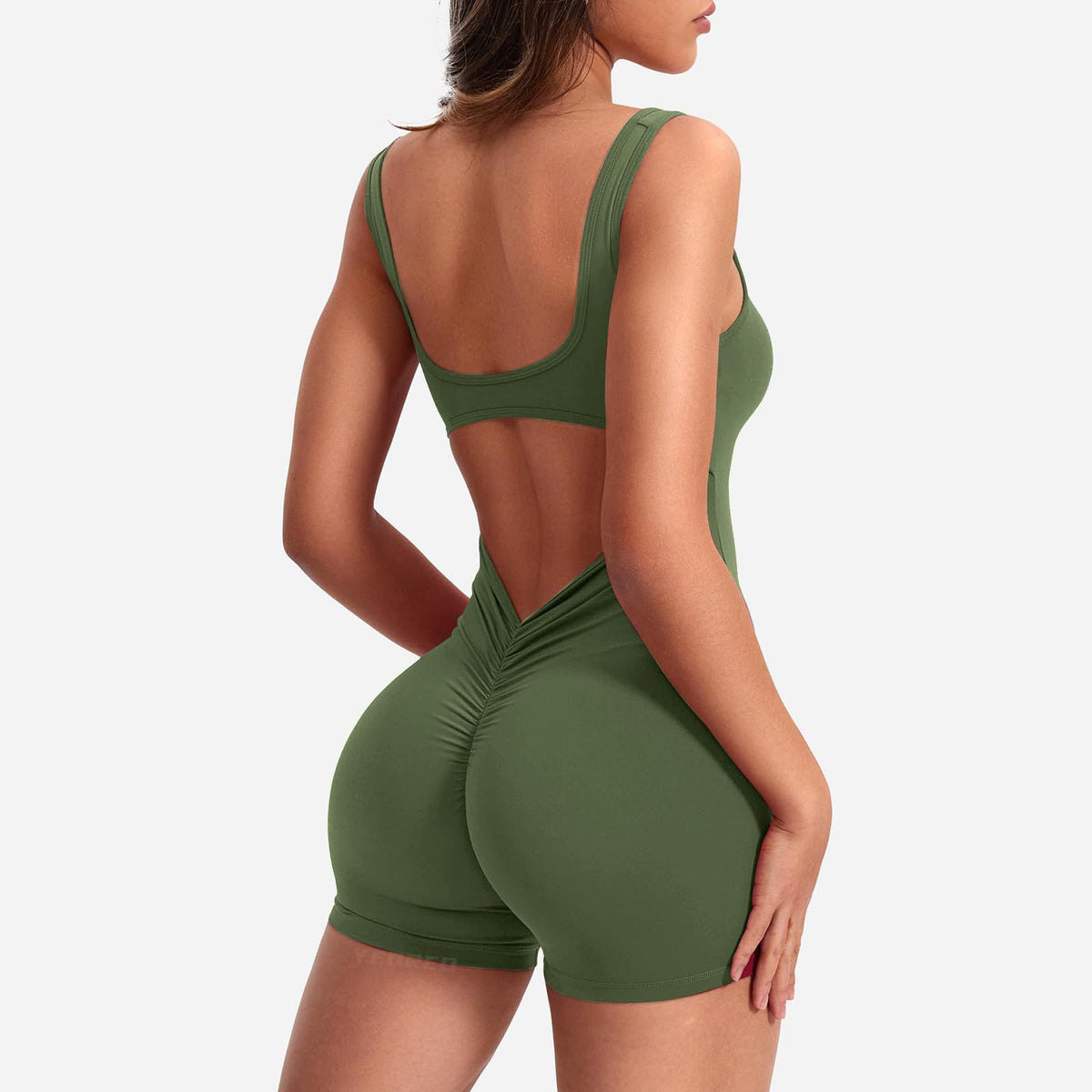 Backless Ruched Sleeveless Activewear Jumpsuit - Green
