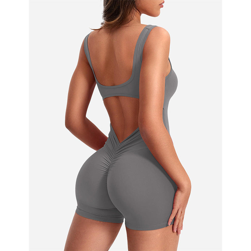 Backless Ruched Sleeveless Activewear Jumpsuit - Grey