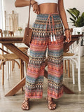 Boho Tribal Print Wide Leg Tassel Pants - Pink
