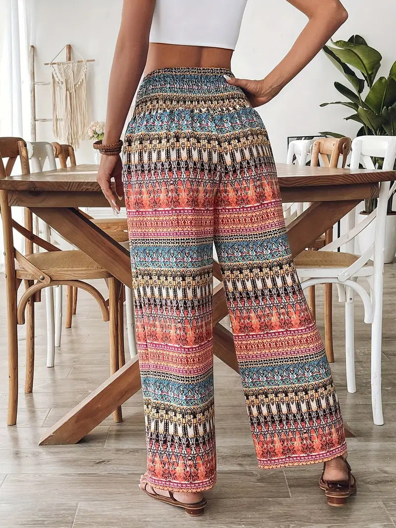 Boho Tribal Print Wide Leg Tassel Pants