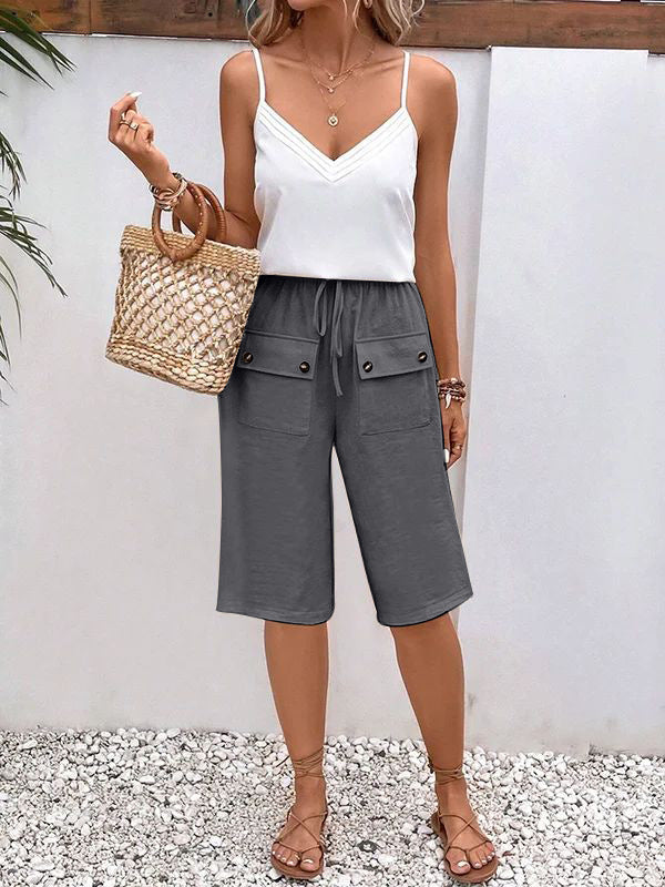 Drawstring Waist Cropped Wide Leg Pants - Gray