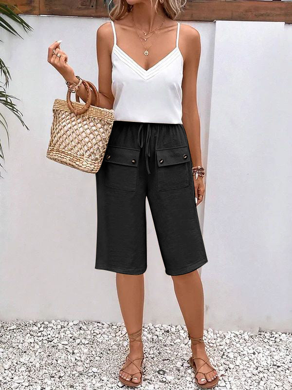 Drawstring Waist Cropped Wide Leg Pants - black