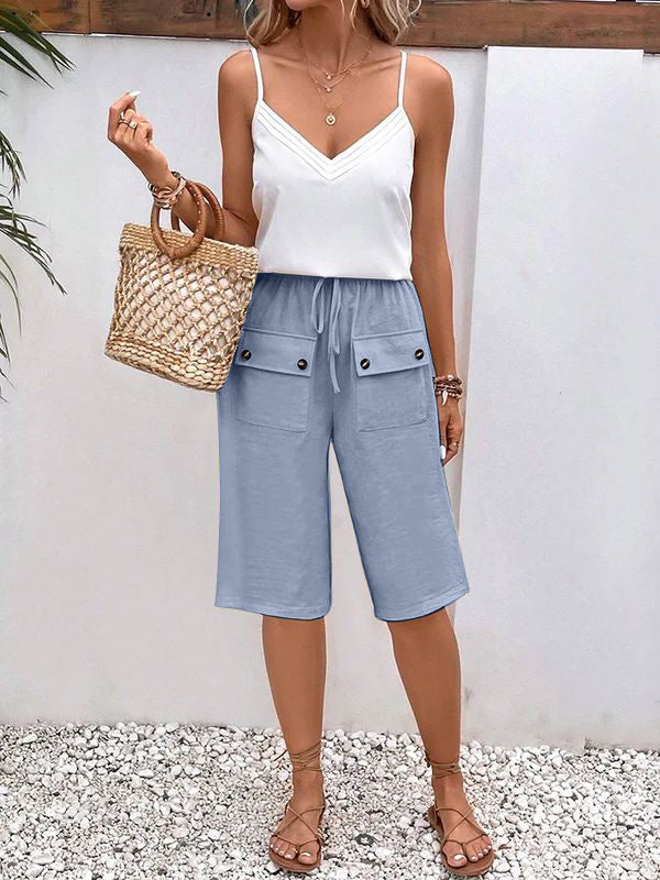 Drawstring Waist Cropped Wide Leg Pants - blue