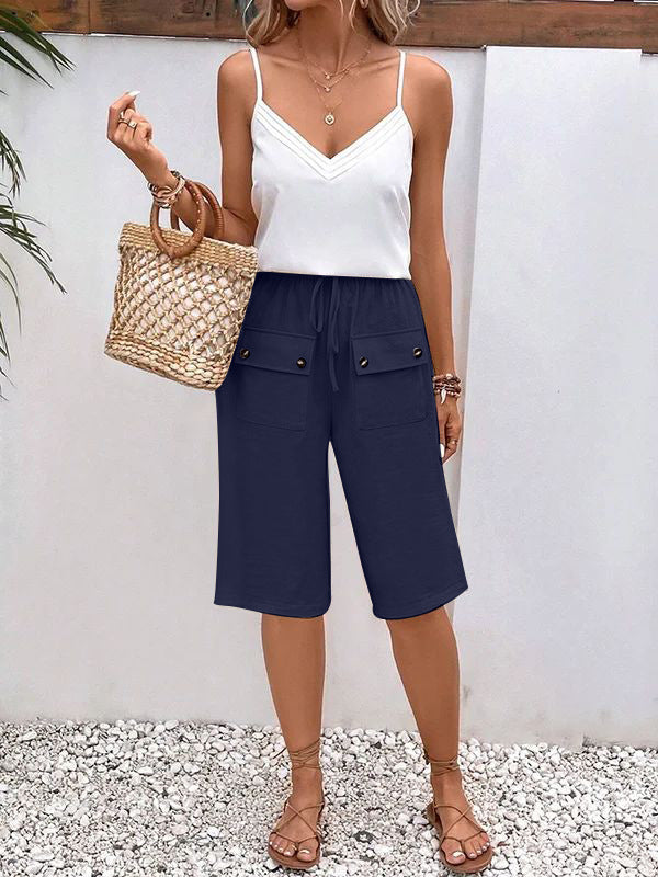 Drawstring Waist Cropped Wide Leg Pants - navy