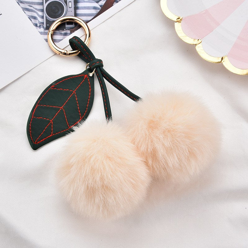 Fluffy Cherry Pom Pom Keychain Bag Charm - Beige