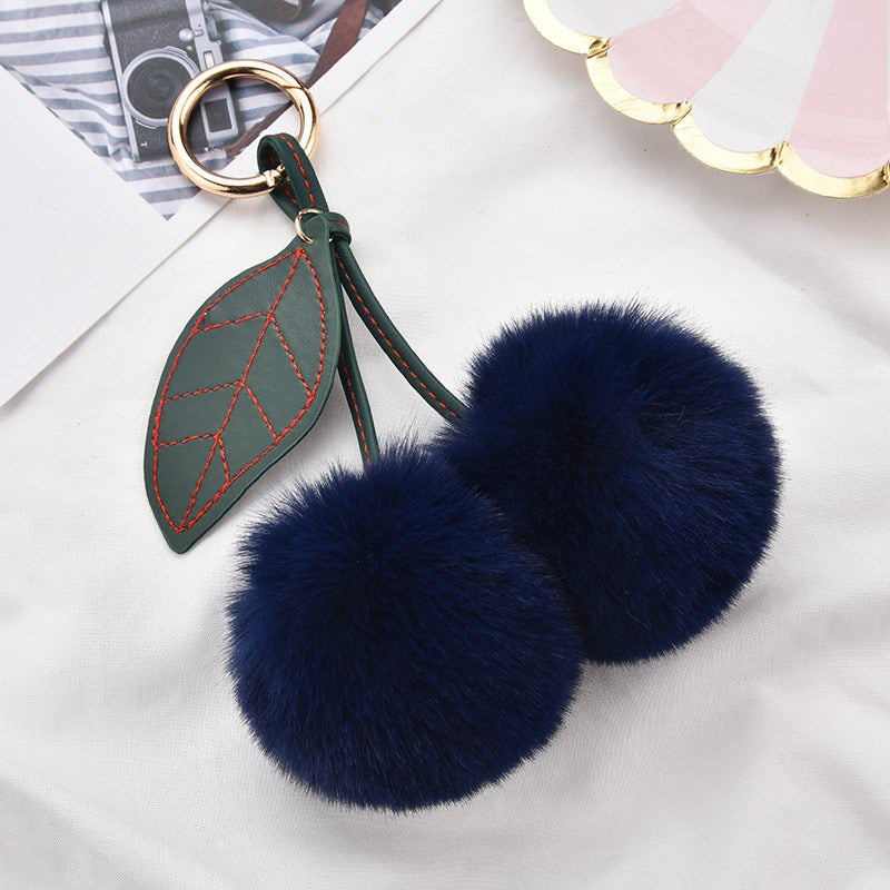 Fluffy Cherry Pom Pom Keychain Bag Charm - Black