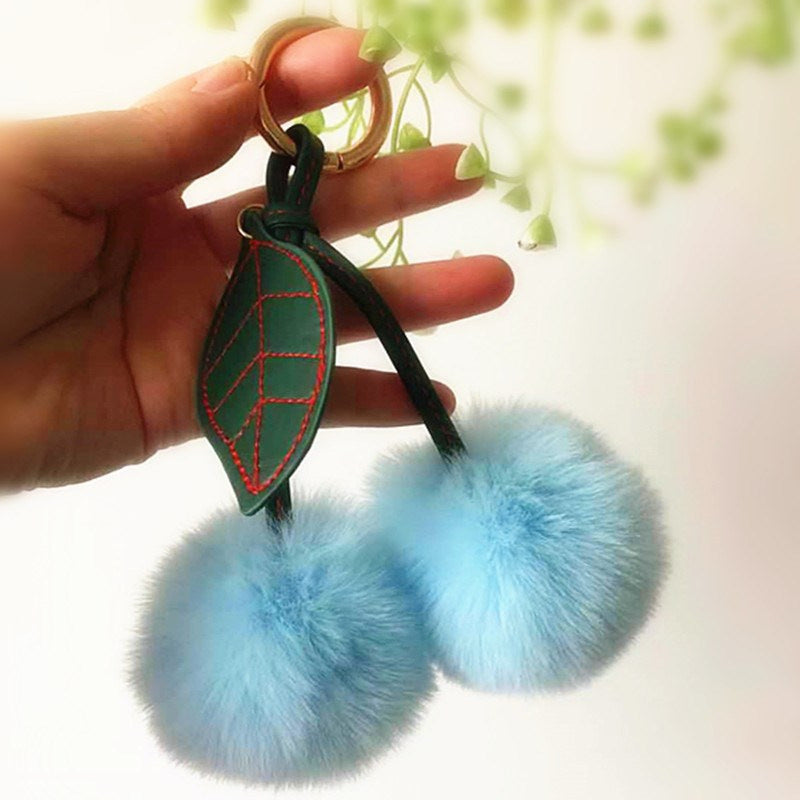 Fluffy Cherry Pom Pom Keychain Bag Charm - Blue