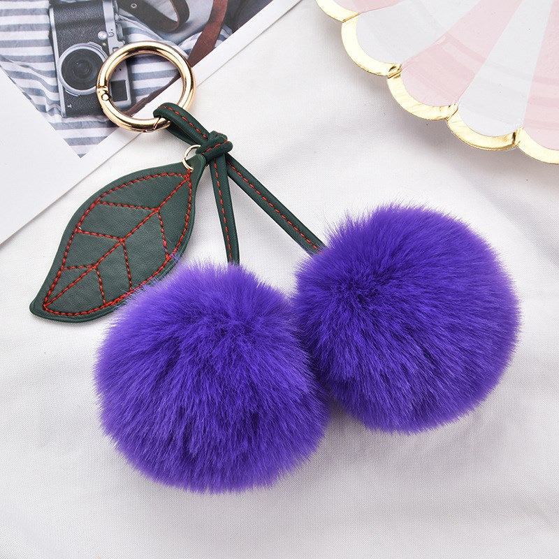 Fluffy Cherry Pom Pom Keychain Bag Charm - DeepPurple