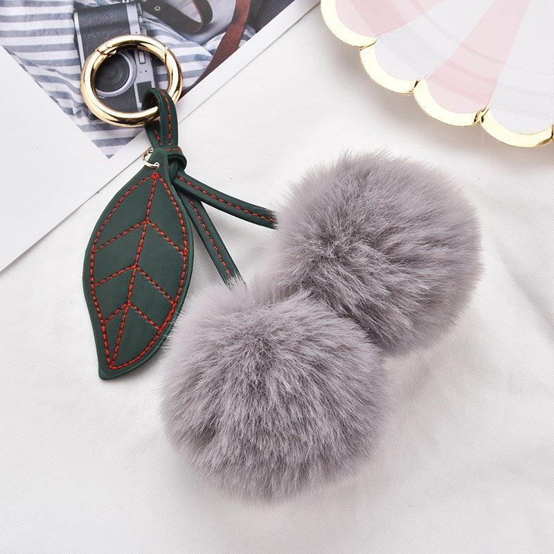 Fluffy Cherry Pom Pom Keychain Bag Charm - Grey