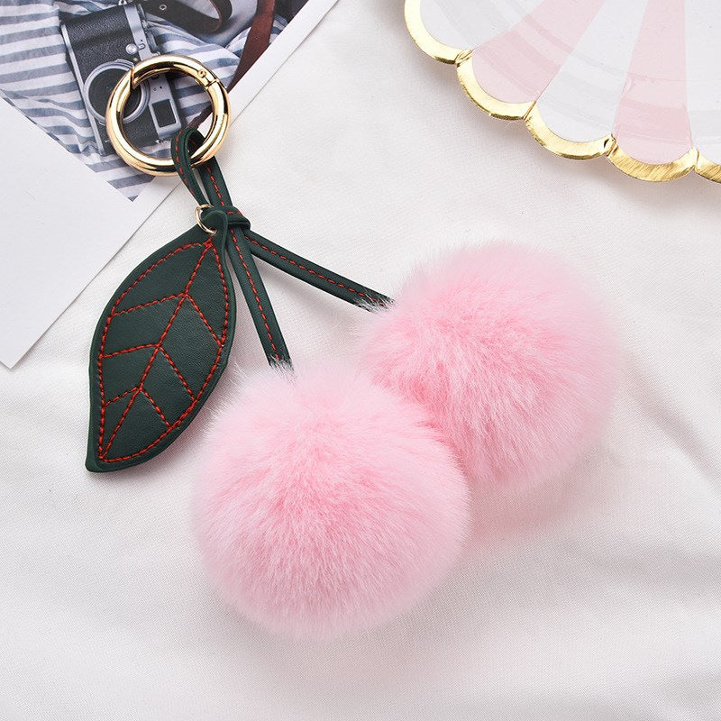 Fluffy Cherry Pom Pom Keychain Bag Charm - Pink