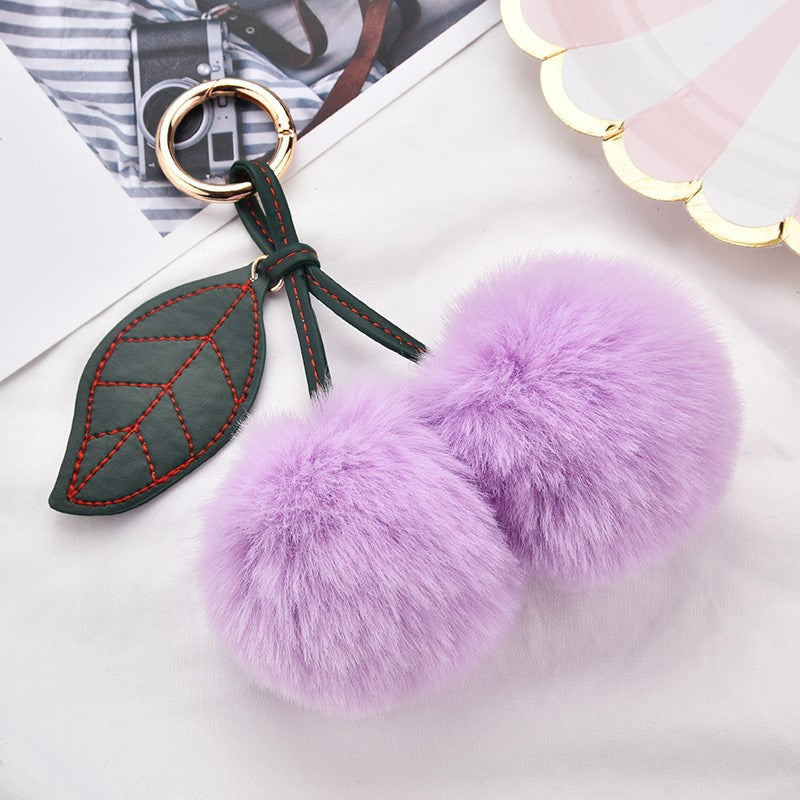 Fluffy Cherry Pom Pom Keychain Bag Charm - Purple