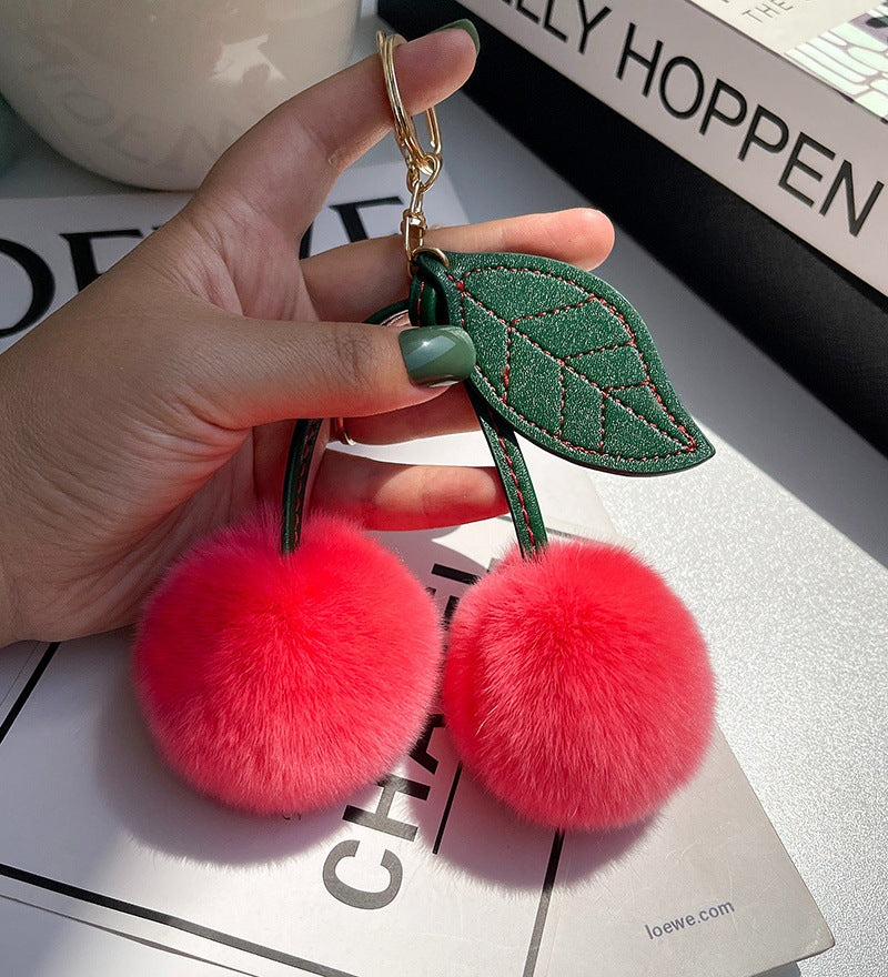Fluffy Cherry Pom Pom Keychain Bag Charm - Red
