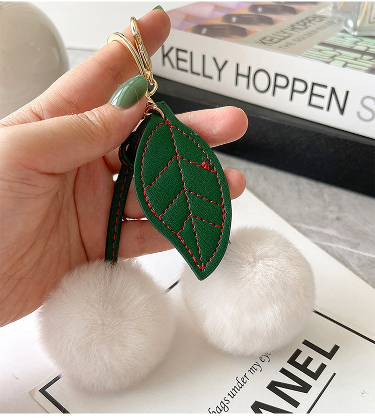 Fluffy Cherry Pom Pom Keychain Bag Charm - White