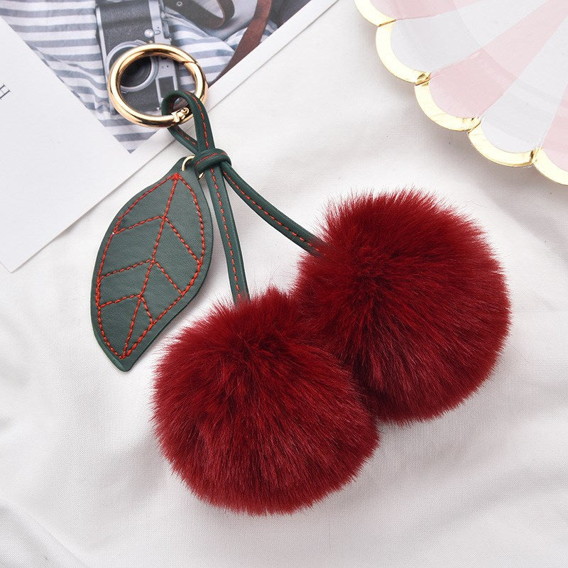 Fluffy Cherry Pom Pom Keychain Bag Charm - WineRed