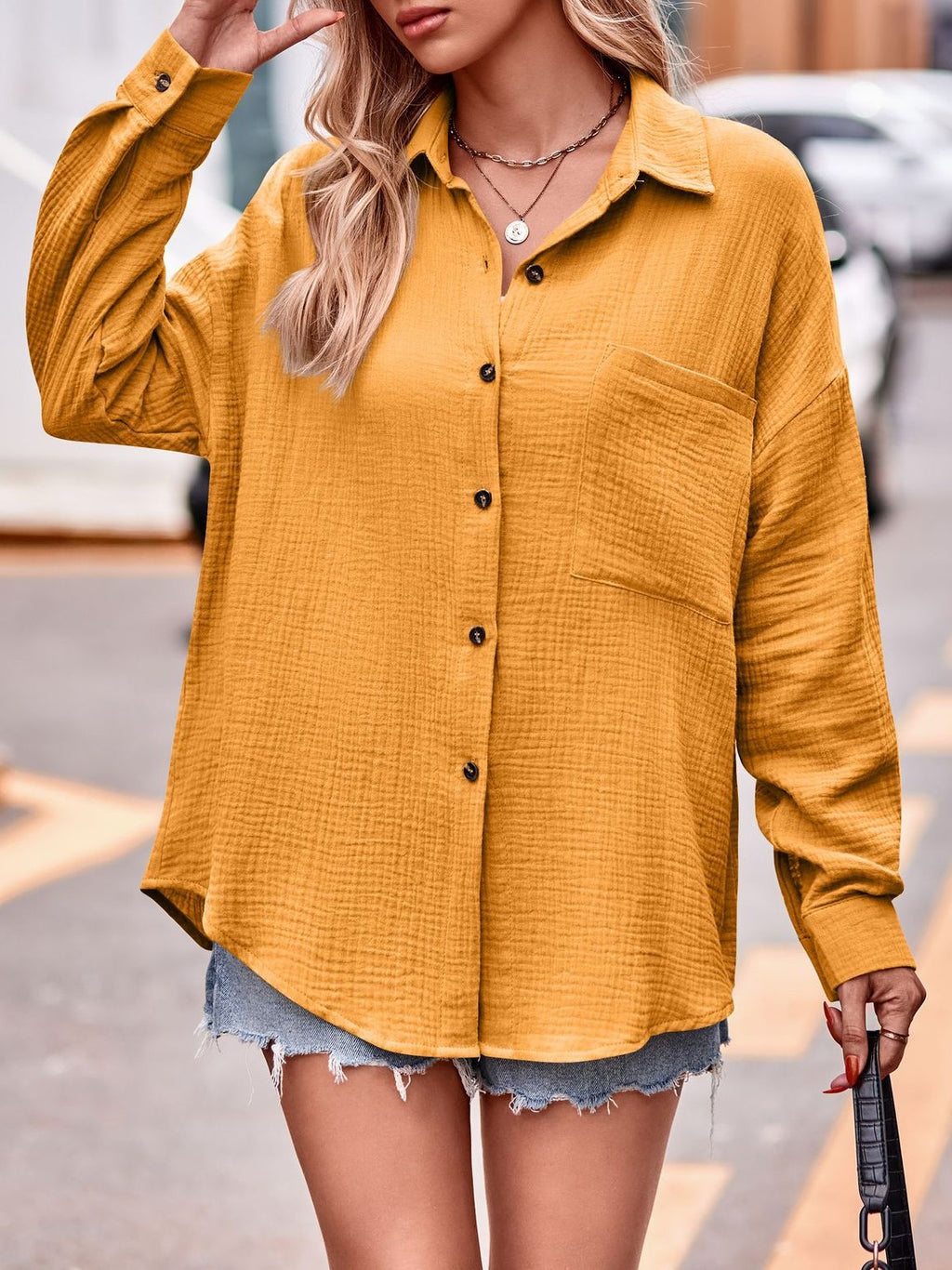 Crinkle Texture Drop Shoulder Boyfriend Shirt - Yellow