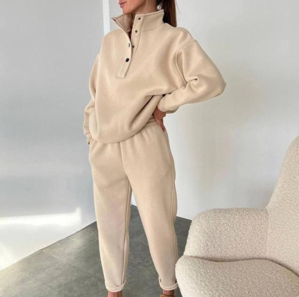 Mock Neck Snap Sweatshirt And Pant Set - Apricot