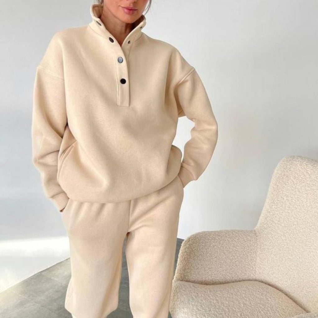Mock Neck Snap Sweatshirt And Pant Set - Apricot - 1