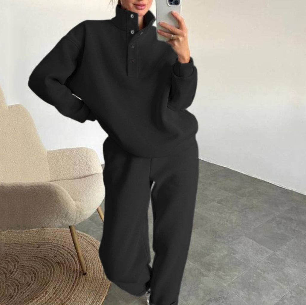 Mock Neck Snap Sweatshirt And Pant Set - Black