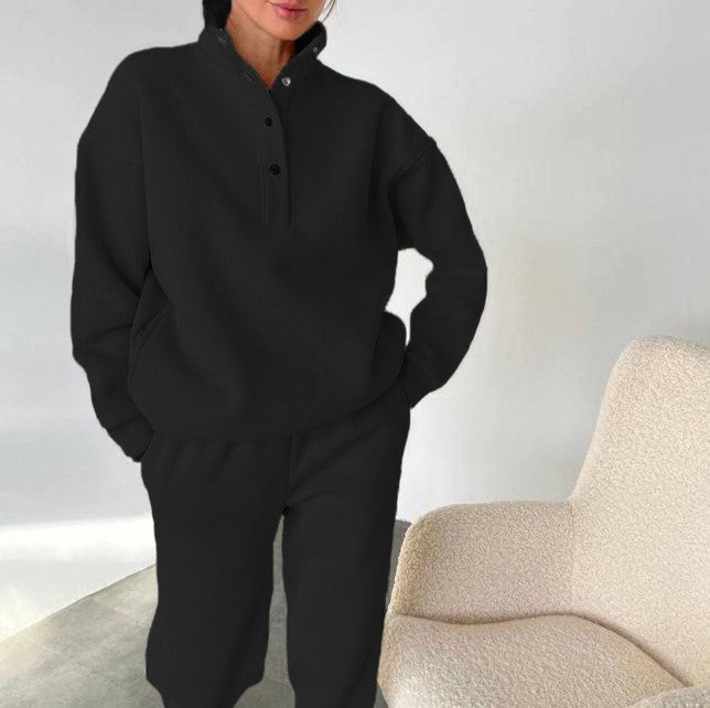 Mock Neck Snap Sweatshirt And Pant Set - Black - 1