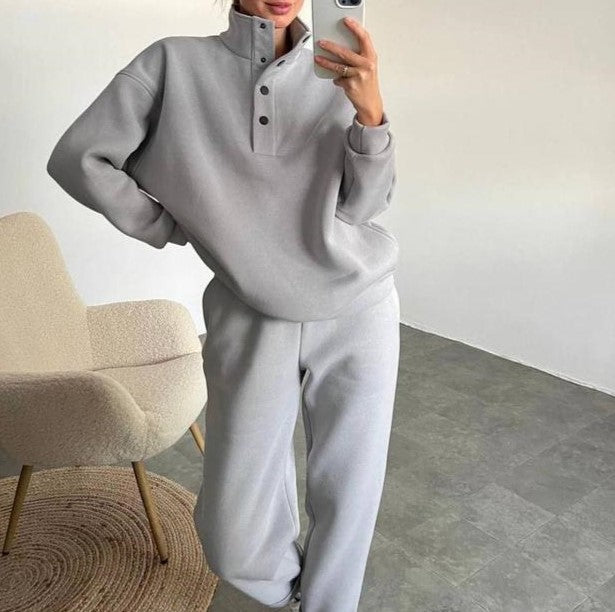 Mock Neck Snap Sweatshirt And Pant Set - Grey