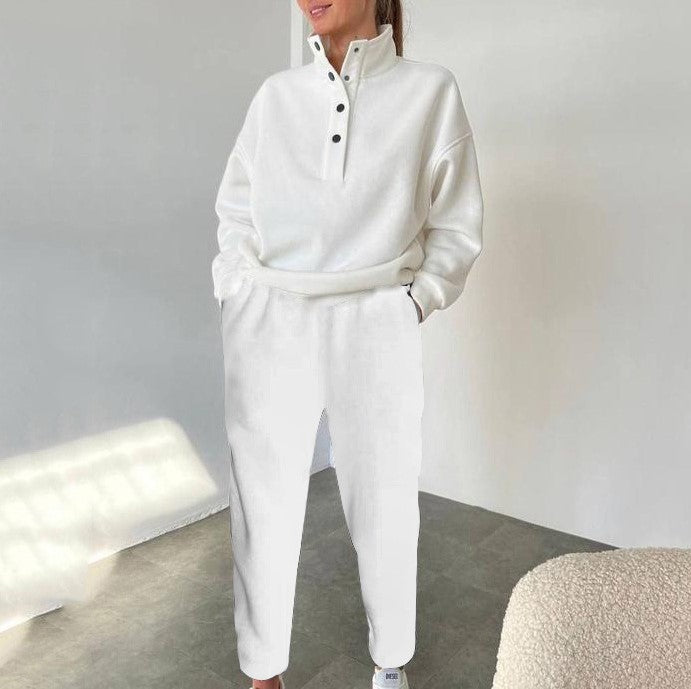 Mock Neck Snap Sweatshirt And Pant Set - White - 1