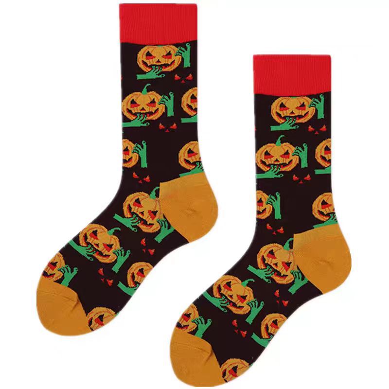 Spooky Halloween Print Crew Socks - Pumpkin