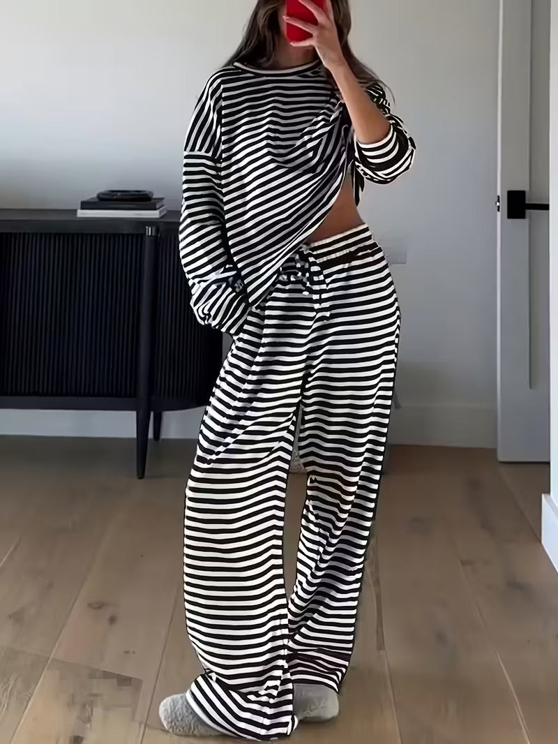 Striped Slouchy Loungewear Two Piece Set - Black