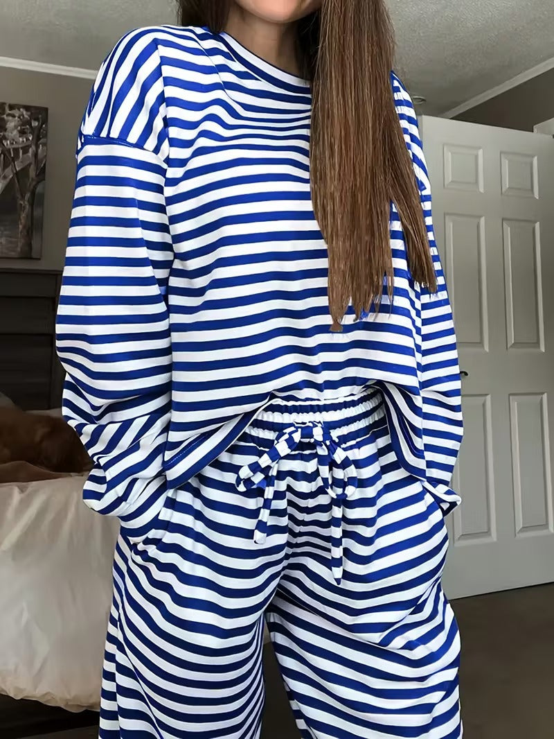 Striped Slouchy Loungewear Two Piece Set - Blue