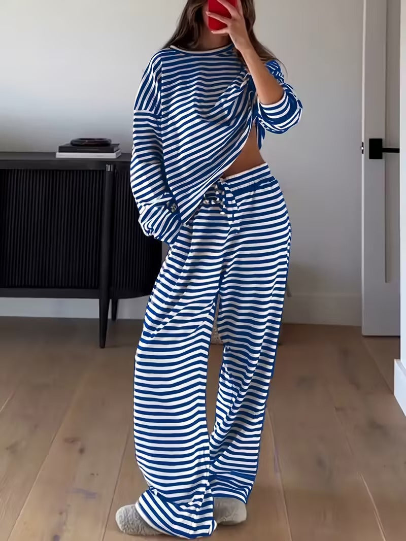 Striped Slouchy Loungewear Two Piece Set - Blue - 1