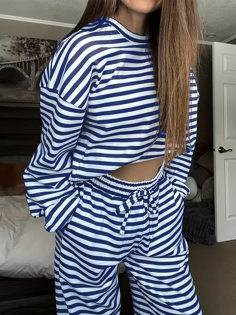 Striped Slouchy Loungewear Two Piece Set - Blue - 2