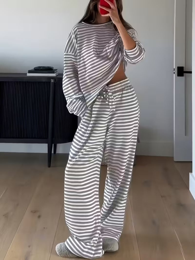 Striped Slouchy Loungewear Two Piece Set - Gray