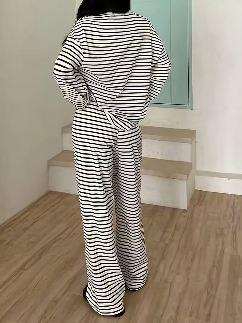 Striped Slouchy Loungewear Two Piece Set - Gray - 1