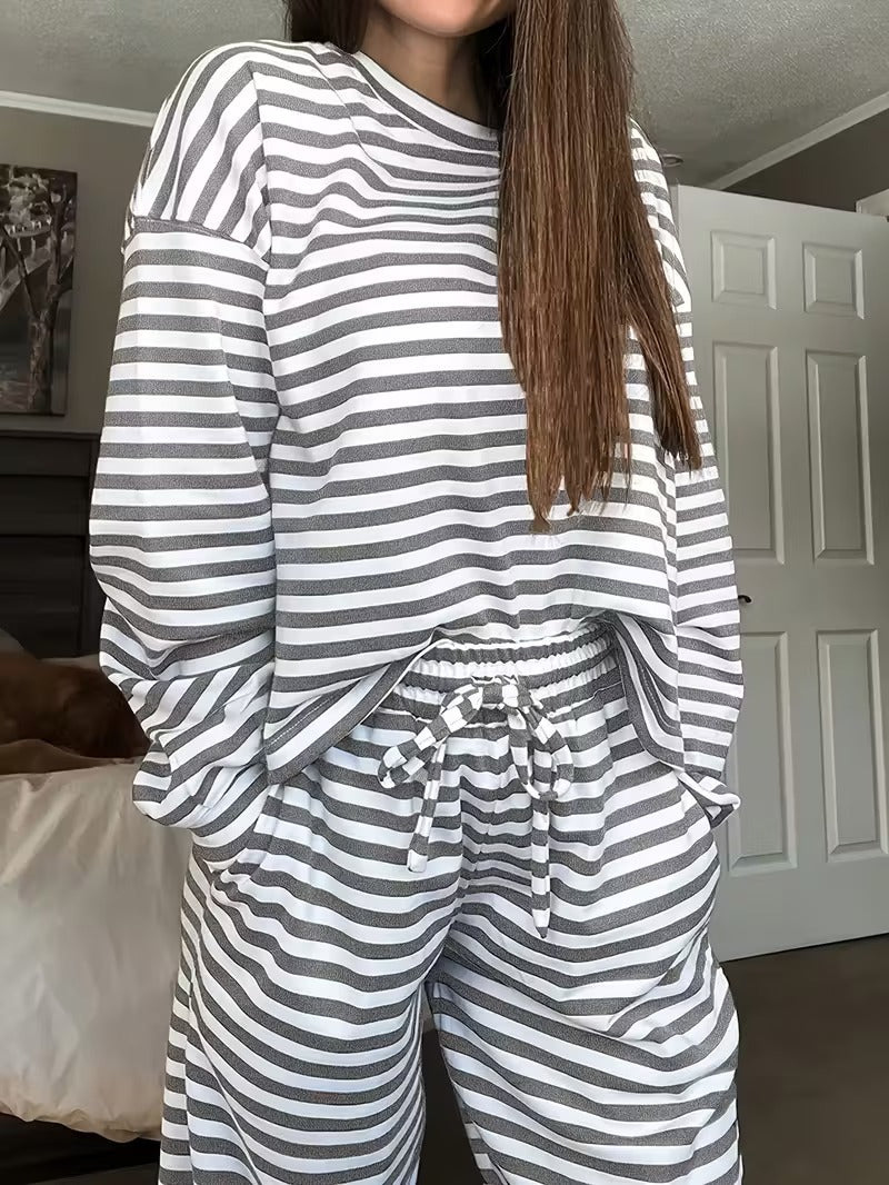 Striped Slouchy Loungewear Two Piece Set - Gray - 2