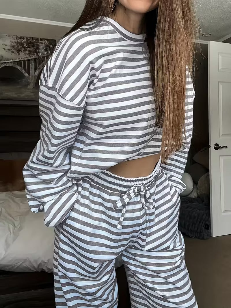 Striped Slouchy Loungewear Two Piece Set - Gray - 3