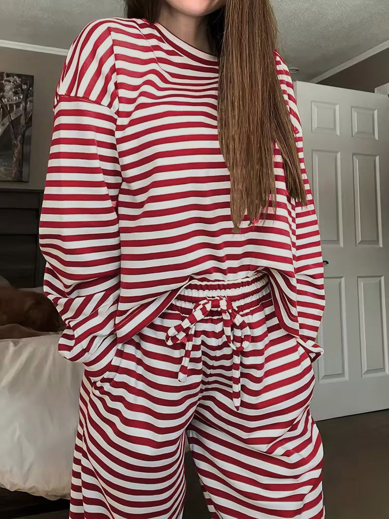 Striped Slouchy Loungewear Two Piece Set - Red