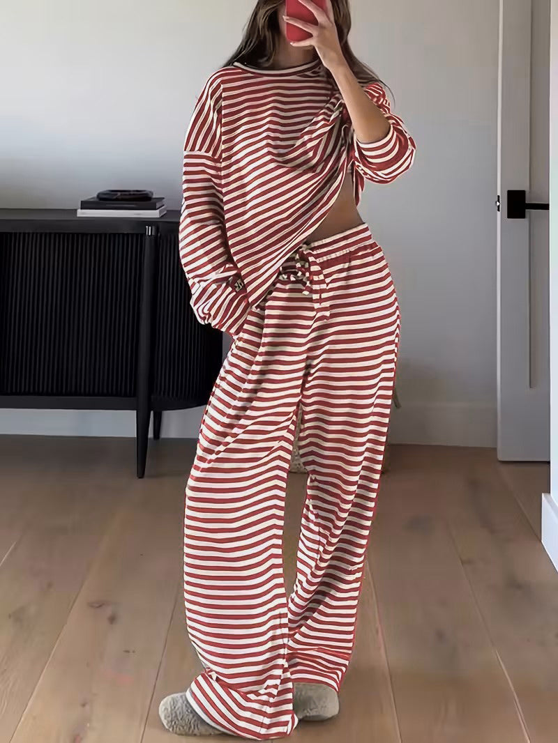 Striped Slouchy Loungewear Two Piece Set - Red - 1