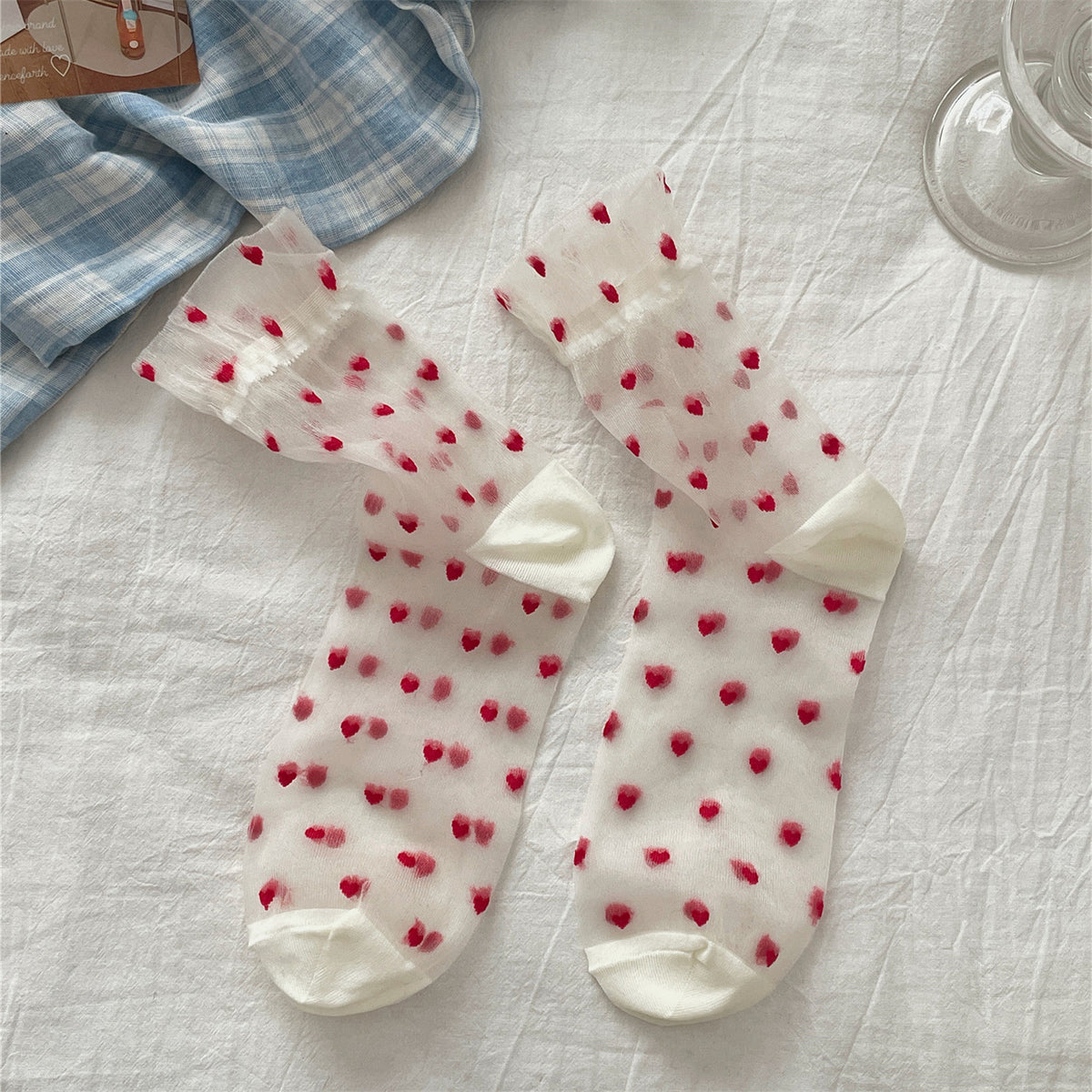 Coquette Heart Dot Sheer Crew Socks - Red